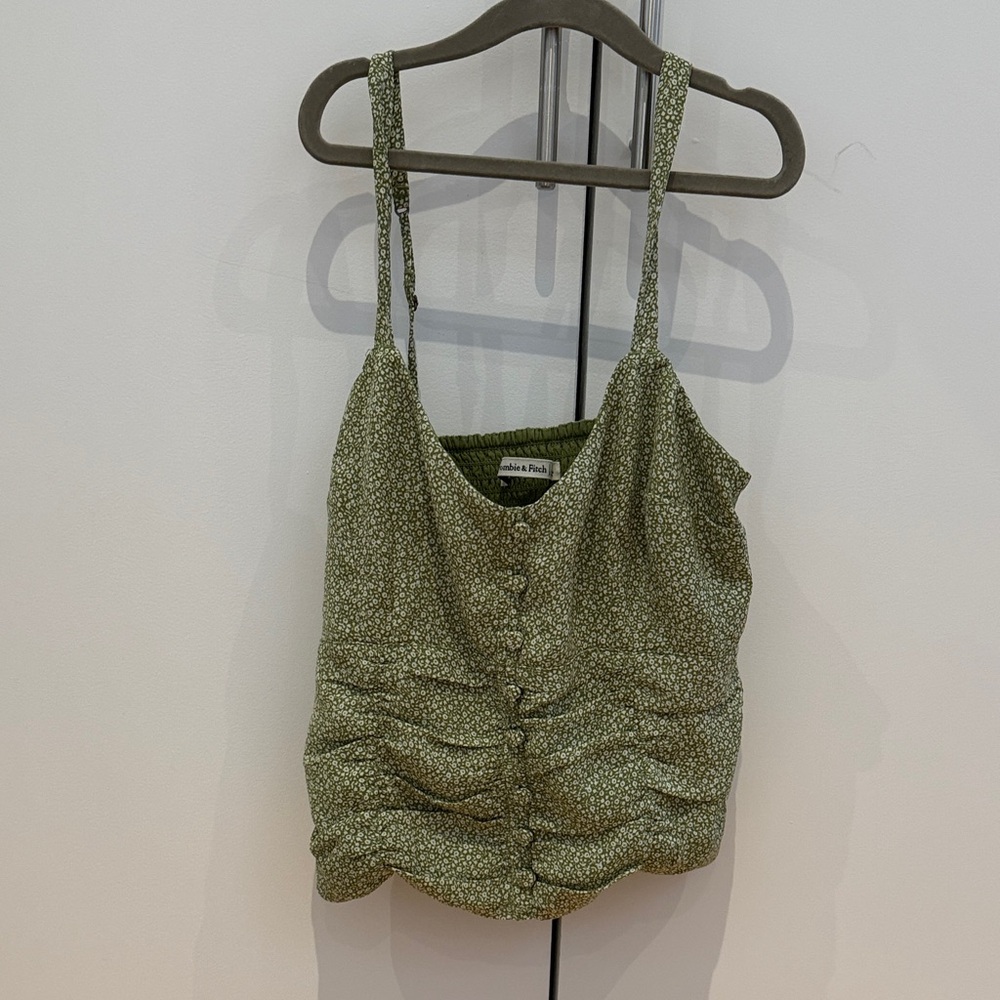 Abercrombie & Fitch Olive Green Floral Ruched Button-Front Camisole